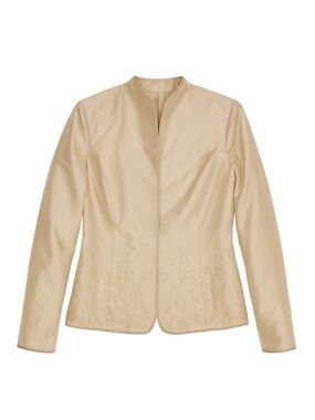 KIR Silk Evening Jacket Champagne Gold Beaded Embroidered Mandarin Collar Sz 14